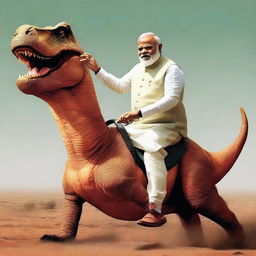 An image of Narendra Modi riding a dinosaur in an adventurous context.