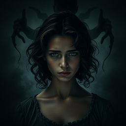 A poignant scene depicting Adriana, a young woman with curly brown hair, showcasing a deep expression of sadness and despair against a dark and moody backdrop