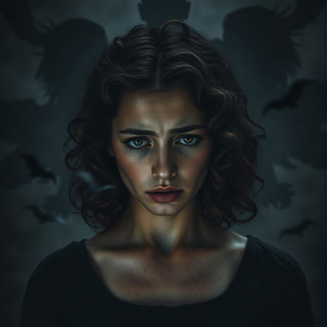 A poignant scene depicting Adriana, a young woman with curly brown hair, showcasing a deep expression of sadness and despair against a dark and moody backdrop