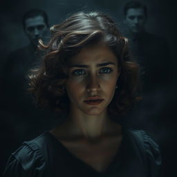 A poignant scene depicting Adriana, a young woman with curly brown hair, showcasing a deep expression of sadness and despair against a dark and moody backdrop