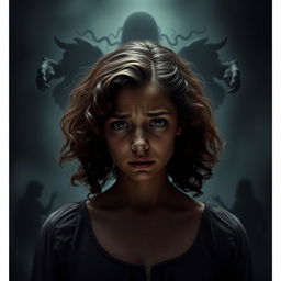 A poignant scene depicting Adriana, a young woman with curly brown hair, showcasing a deep expression of sadness and despair against a dark and moody backdrop