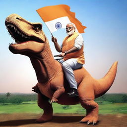 An image of Narendra Modi riding a dinosaur in an adventurous context.