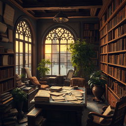 An artistic representation of a historical archive, filled with weathered documents, ancient manuscripts, and dusty books