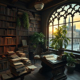 An artistic representation of a historical archive, filled with weathered documents, ancient manuscripts, and dusty books