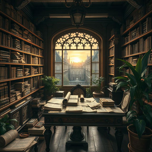 An artistic representation of a historical archive, filled with weathered documents, ancient manuscripts, and dusty books