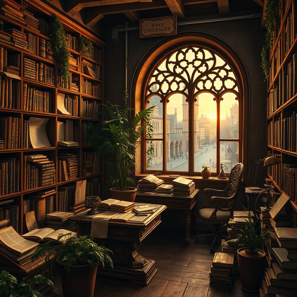 An artistic representation of a historical archive, filled with weathered documents, ancient manuscripts, and dusty books