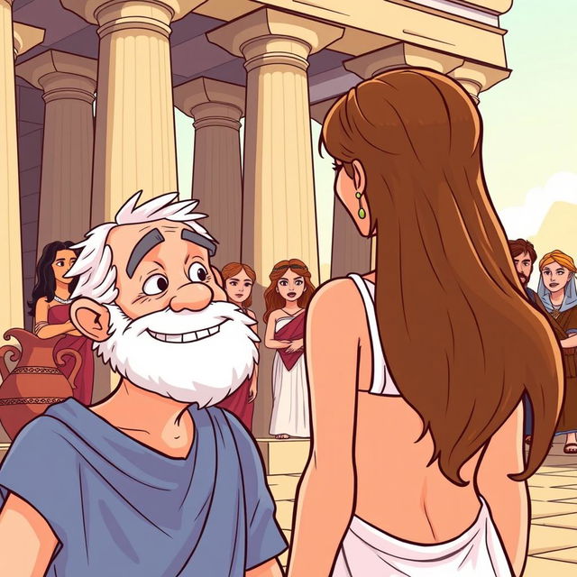 A cartoon-style illustration set in ancient Greece, featuring tall columns and clay pitchers (cantaros) in the background