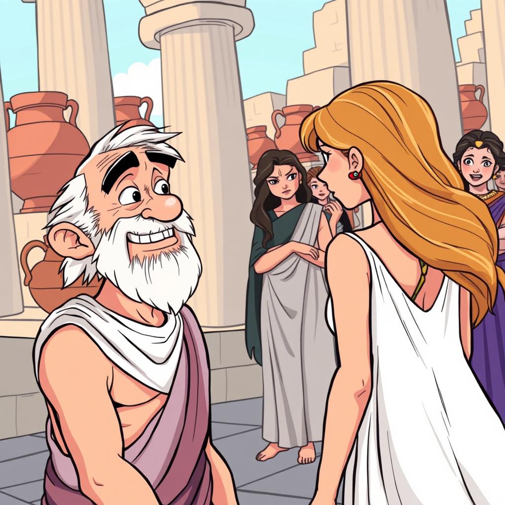 A cartoon-style illustration set in ancient Greece, featuring tall columns and clay pitchers (cantaros) in the background