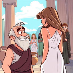 A cartoon-style illustration set in ancient Greece, featuring tall columns and clay pitchers (cantaros) in the background