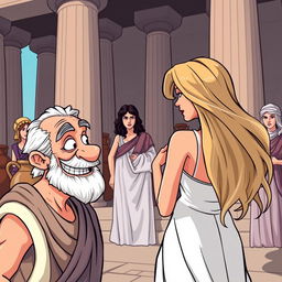 A cartoon-style illustration set in ancient Greece, featuring tall columns and clay pitchers (cantaros) in the background