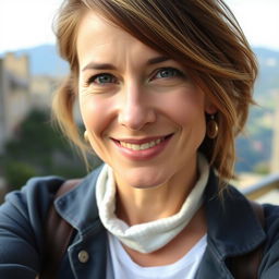 A photograph of a woman aged between 30 to 45 with a natural appearance, minimal makeup, and well-groomed hair