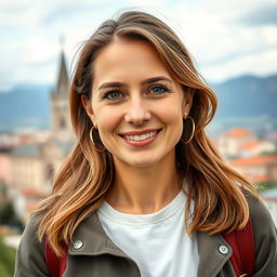 A photograph of a woman aged between 30 to 45 with a natural appearance, minimal makeup, and well-groomed hair