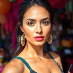 A 35-year-old woman with dark hair, tanned skin, and expressive eyes, showcasing her Latin features