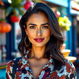 A 35-year-old woman with dark hair, tanned skin, and expressive eyes, showcasing her Latin features