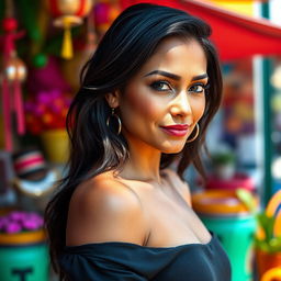 A 35-year-old woman with dark hair, tanned skin, and expressive eyes, showcasing her Latin features