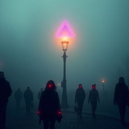 A dystopian city shrouded in thick fog, where a group of people walks through the mist, each wearing a glowing red earring on their lobes