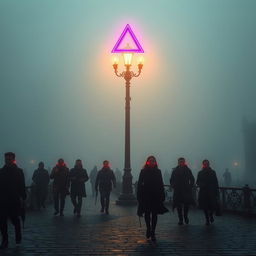 A dystopian city shrouded in thick fog, where a group of people walks through the mist, each wearing a glowing red earring on their lobes