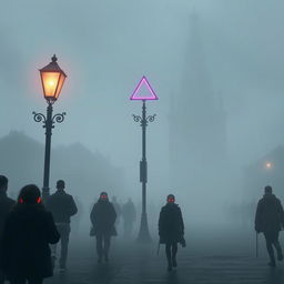 A dystopian city shrouded in thick fog, where a group of people walks through the mist, each wearing a glowing red earring on their lobes