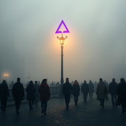 A dystopian city shrouded in thick fog, where a group of people walks through the mist, each wearing a glowing red earring on their lobes