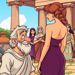 A vibrant cartoon-style scene set in ancient Greece, featuring classic architectural elements like tall columns and pottery (cantaros) in the background