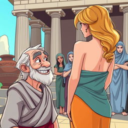 A vibrant cartoon-style scene set in ancient Greece, featuring classic architectural elements like tall columns and pottery (cantaros) in the background