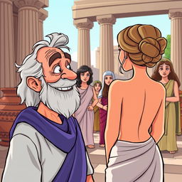 A vibrant cartoon-style scene set in ancient Greece, featuring classic architectural elements like tall columns and pottery (cantaros) in the background