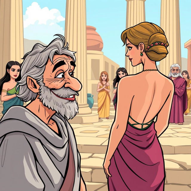 A vibrant cartoon-style scene set in ancient Greece, featuring classic architectural elements like tall columns and pottery (cantaros) in the background