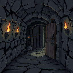 A cartoon-style illustration of a dark and eerie secret passageway, dimly lit with flickering torches on the walls