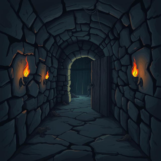 A cartoon-style illustration of a dark and eerie secret passageway, dimly lit with flickering torches on the walls