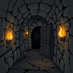 A cartoon-style illustration of a dark and eerie secret passageway, dimly lit with flickering torches on the walls