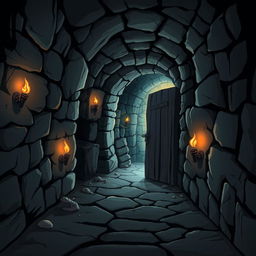 A cartoon-style illustration of a dark and eerie secret passageway, dimly lit with flickering torches on the walls