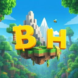A 512x512 logo designed in an animated Minecraft style featuring the letters 'B' and 'H' in a bright yellow color, cascading elegantly on the image