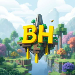 A 512x512 logo designed in an animated Minecraft style featuring the letters 'B' and 'H' in a bright yellow color, cascading elegantly on the image