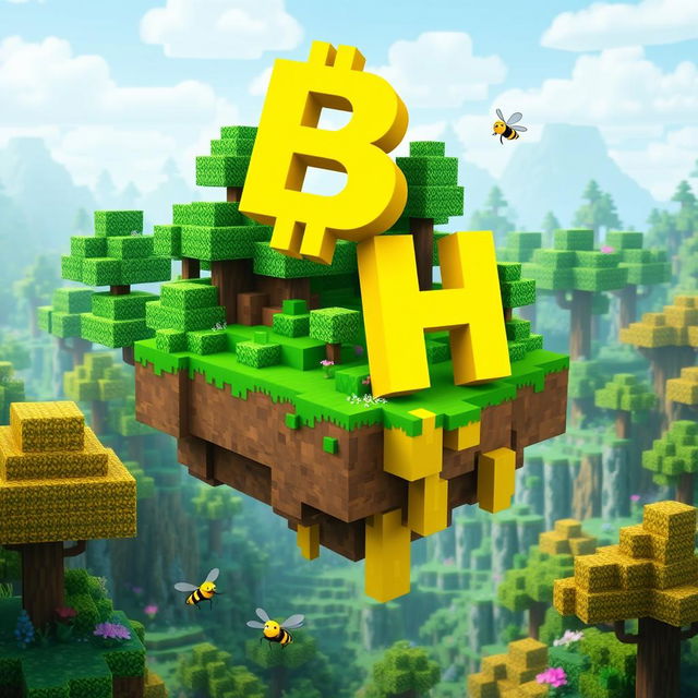 A 512x512 logo designed in an animated Minecraft style featuring the letters 'B' and 'H' in a bright yellow color, cascading elegantly on the image