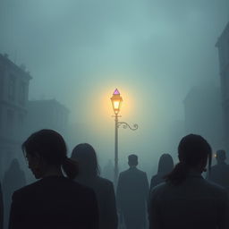 A dystopian city shrouded in dense fog, where a group of people walks through the mist, each adorned with a red earring on their lobe