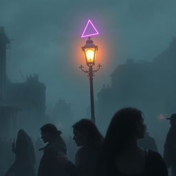 A dystopian city shrouded in dense fog, where a group of people walks through the mist, each adorned with a red earring on their lobe