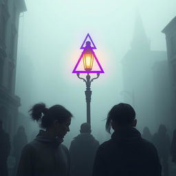 A dystopian city shrouded in dense fog, where a group of people walks through the mist, each adorned with a red earring on their lobe