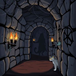 A cartoon-style illustration of a spooky secret passageway to the left, filled with eerie shadows and cobwebs