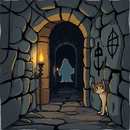 A cartoon-style illustration of a spooky secret passageway to the left, filled with eerie shadows and cobwebs