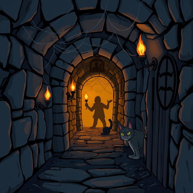 A cartoon-style illustration of a spooky secret passageway to the left, filled with eerie shadows and cobwebs