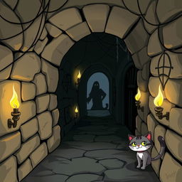 A cartoon-style illustration of a spooky secret passageway to the left, filled with eerie shadows and cobwebs