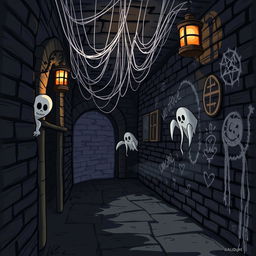 A horror-themed secret passageway on the left side of the image, illustrated in a cartoon style
