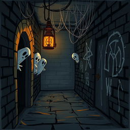 A horror-themed secret passageway on the left side of the image, illustrated in a cartoon style