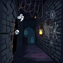 A horror-themed secret passageway on the left side of the image, illustrated in a cartoon style