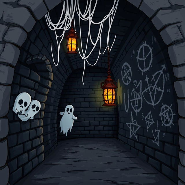 A horror-themed secret passageway on the left side of the image, illustrated in a cartoon style