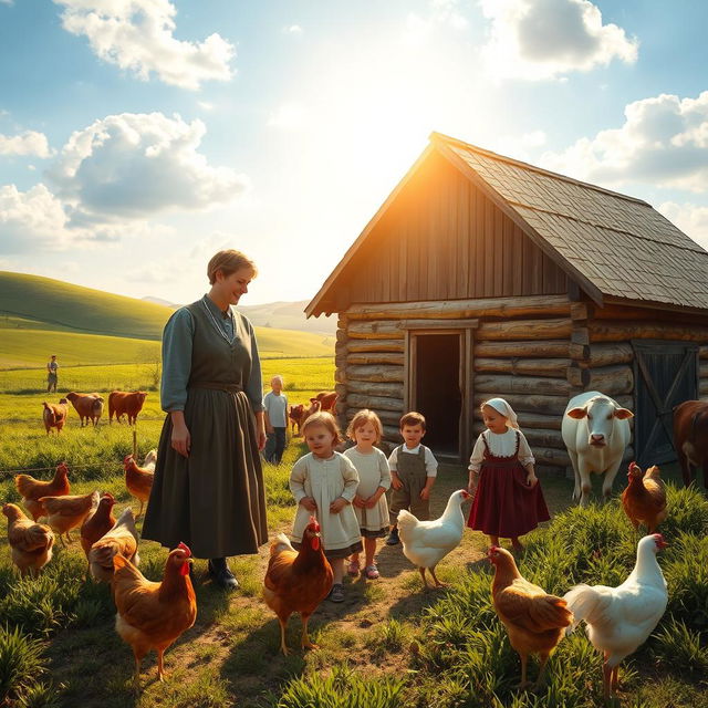 A picturesque scene depicting a Mennonite family in a rural setting