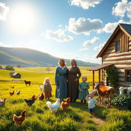 A picturesque scene depicting a Mennonite family in a rural setting