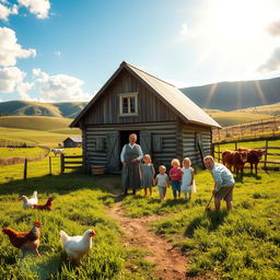 A picturesque scene depicting a Mennonite family in a rural setting