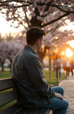 A melancholic scene depicting a man in his 30s sitting alone on a park bench at sunset, lost in thought
