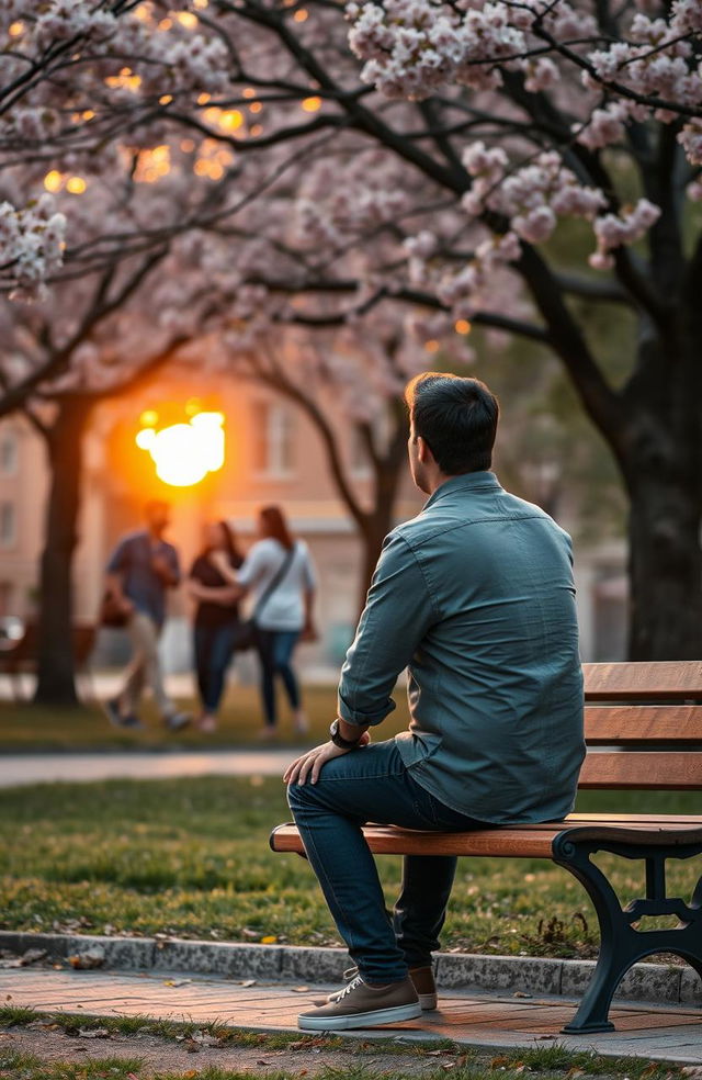 A melancholic scene depicting a man in his 30s sitting alone on a park bench at sunset, lost in thought